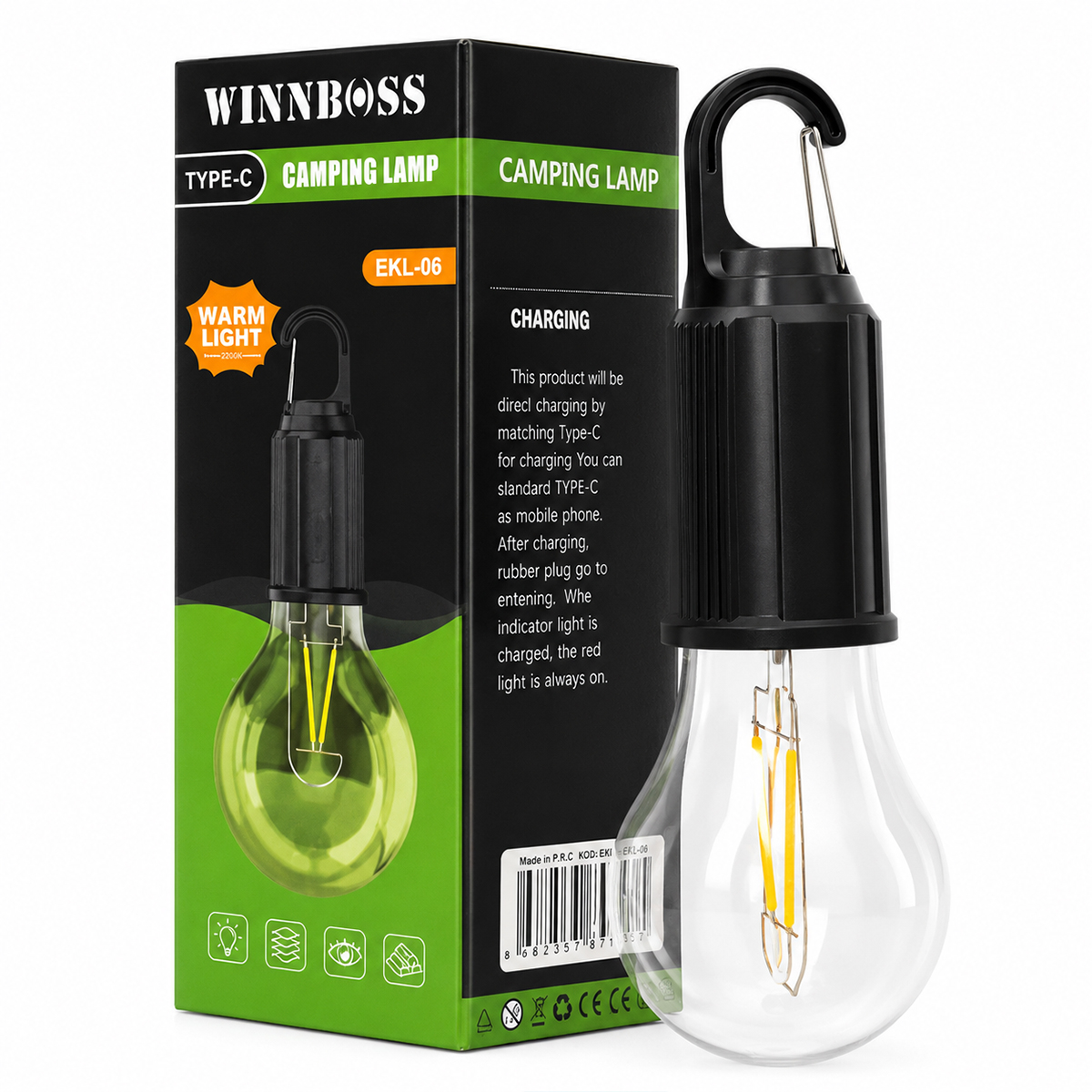 USB Şarjlı Rustik Kamp Lambası - 3 Kademe, Mandallı Askılı
