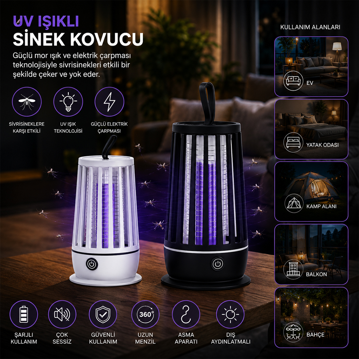 USB Şarjlı UV Işıklı Sessiz Sinek Kovucu (Asma Aparatlı, 2 Renk)