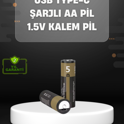 USB Type-C Girişli Şarjlı AA Lityum Pil | 1.5V Sabit Çıkış | 2800mWh (2'li Paket)
