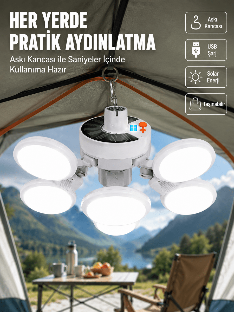 USB ve Solar Şarjlı Katlanabilir 5 Taraflı LED Lamba