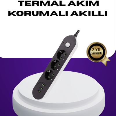 USB Yuvalı Anahtarlı Üçlü Priz 2 Metre Kablolu
