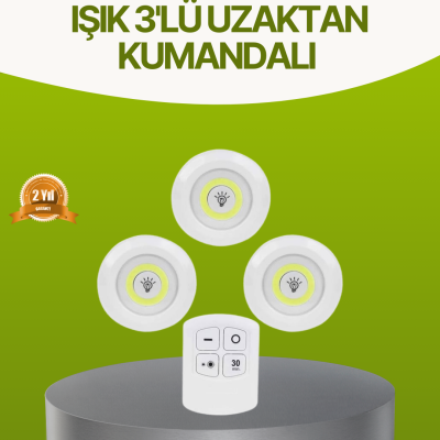 Uzaktan Kumandalı 3 Lü Kablosuz Led Spot Lamba Seti Yapışkanlı Pratik Kullanım