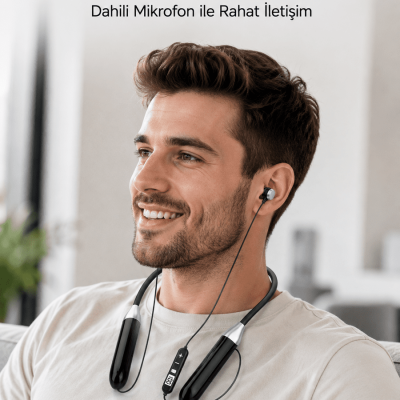 Uzun Kullanım Süreli Bluetooth Kulaklık Boyun Bantlı Mikrofonlu Kablosuz Müzik ve Görüşme Kulaklığı