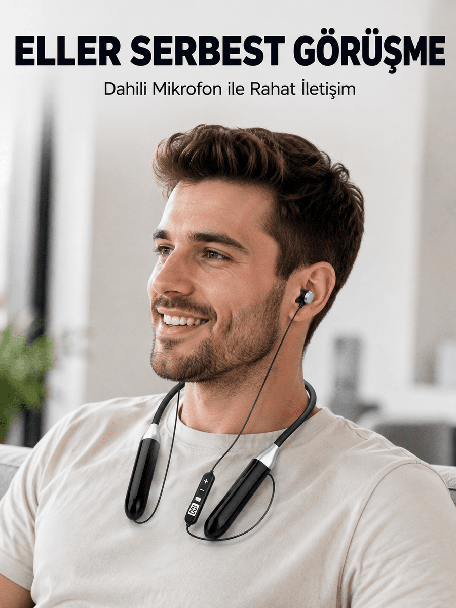 Uzun Kullanım Süreli Bluetooth Kulaklık Boyun Bantlı Mikrofonlu Kablosuz Müzik ve Görüşme Kulaklığı