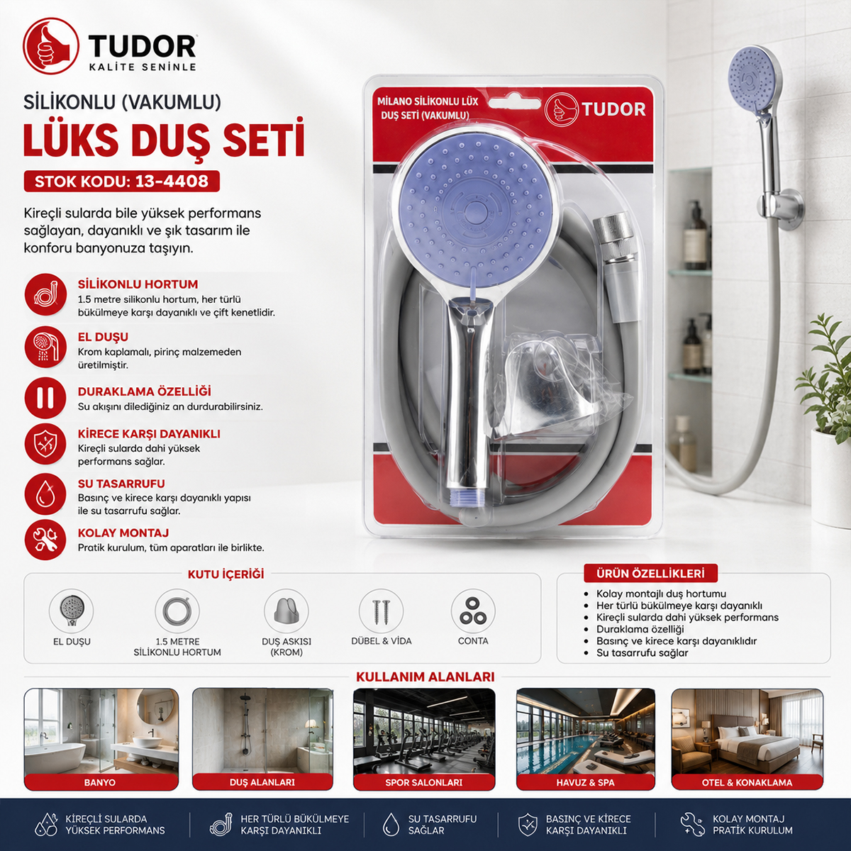Vakumlu Silikon Lüks Duş Seti 1.5m - Çok Fonksiyonlu Duş Başlığı, 3 Kademe Mafsal