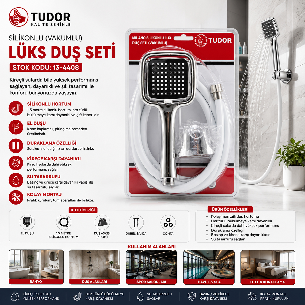 Vakumlu Silikon Lüks Duş Seti 1.5m - Çok Fonksiyonlu Duş Başlığı, 3 Kademe Mafsal