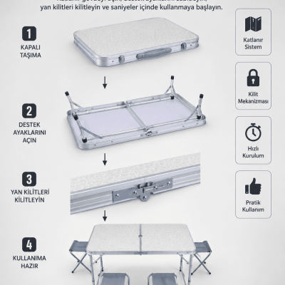 Valiz Tipi Katlanabilir Piknik Masası 4 Tabureli Taşınabilir Kamp Masası