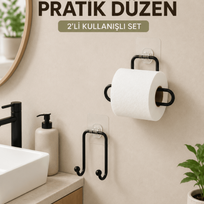 Vidasız Banyo Seti Yapışkanlı Tuvalet Kağıdı Tutucu ve Havlu Askısı 2’li Set