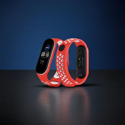 Xiaomi Mi Band 6 Spor Delikli Kordon - Kırmızı-beyaz