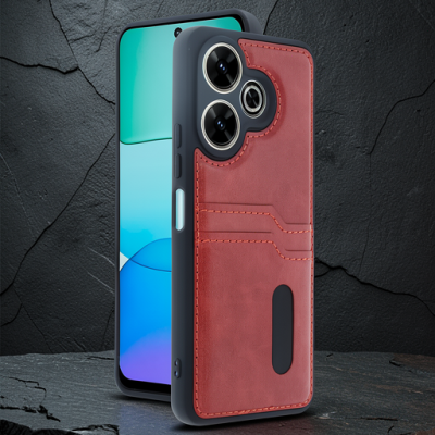 Xiaomi Redmi 13 4g Kılıf Sara Kartvizitli Deri Kılıf - Kırmızı