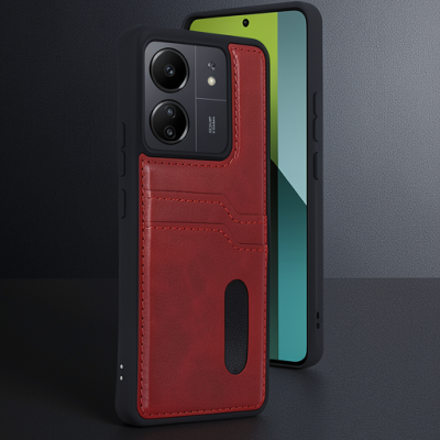 Xiaomi Redmi 13c Kılıf Sara Kartvizitli Deri Kılıf - Kırmızı