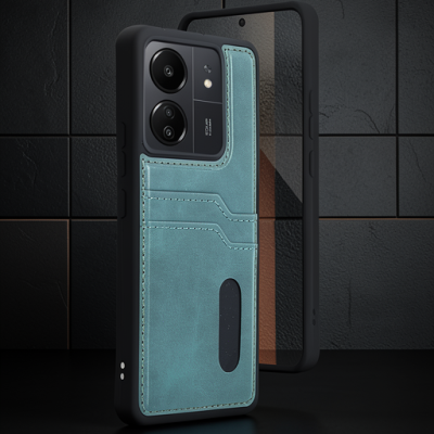 Xiaomi Redmi 13c Kılıf Sara Kartvizitli Deri Kılıf - Koyu Yeşil