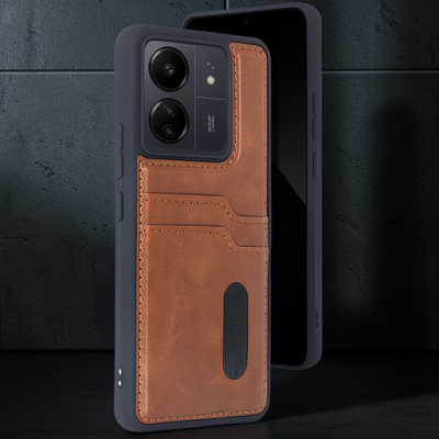 Xiaomi Redmi 13c Kılıf Sara Kartvizitli Deri Kılıf - Taba