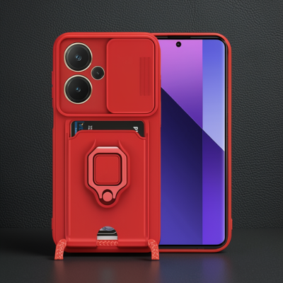 Xiaomi Redmi Note 13 Pro Plus Kılıf Zuma Kartvizitli Yüzüklü Silikon - Kırmızı