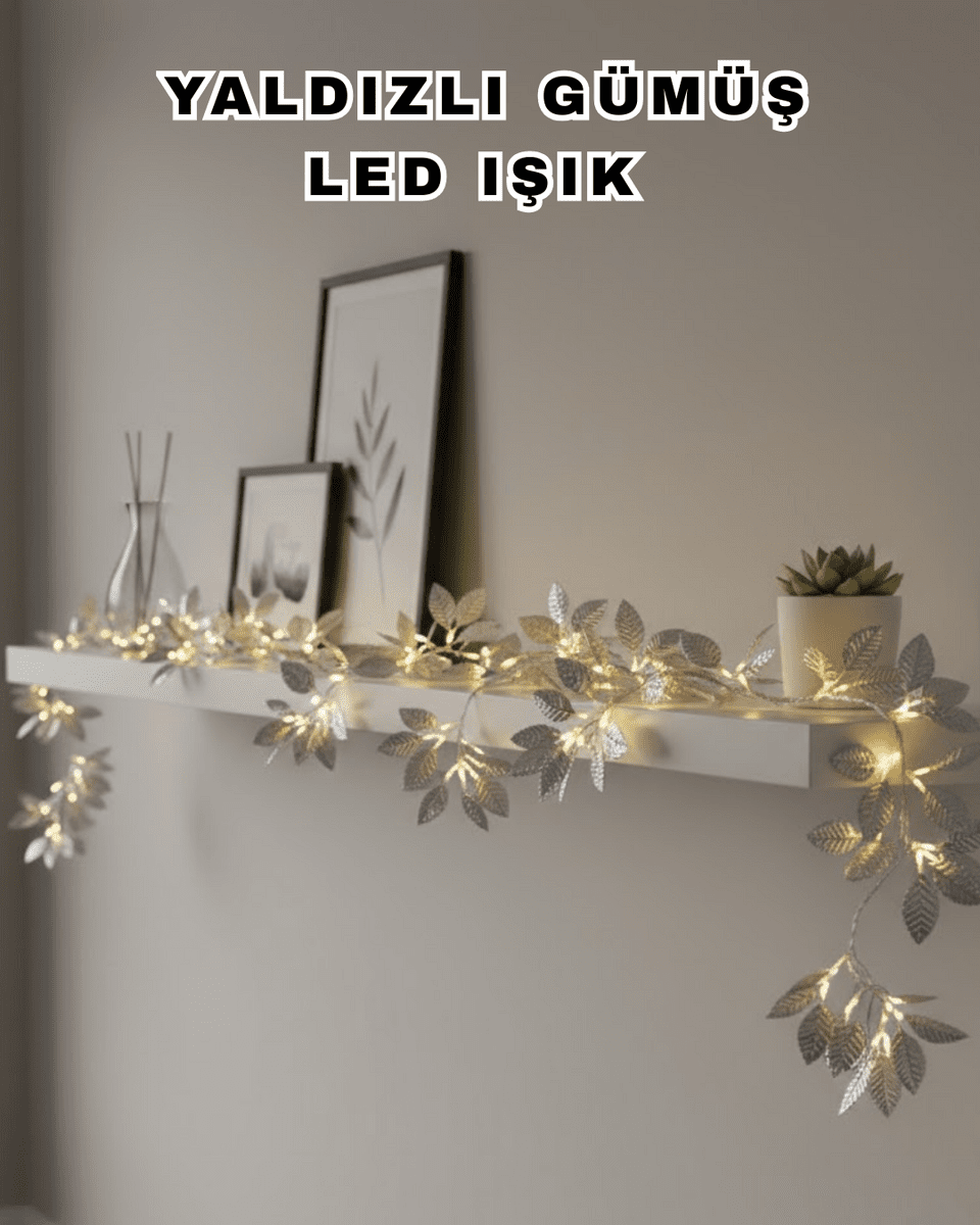 Yaldızlı Gümüş Yaprak LED Işık Pilli Dekoratif Ortam ve Yılbaşı Aydınlatması