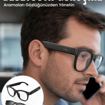Yapay Zekâ Destekli Kablosuz Akıllı Gözlük Bluetooth Görüşme Müzik Dinleme ve Manyetik Şarj Özellikli