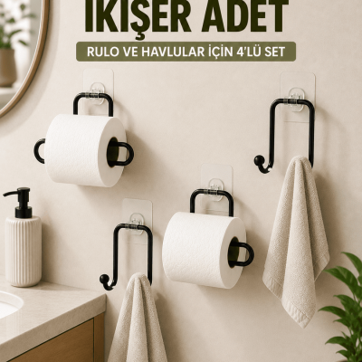 Yapışkanlı Banyo Düzenleme Seti 2 Rulo Tutucu 2 Havlu Askılığı 4 Parça