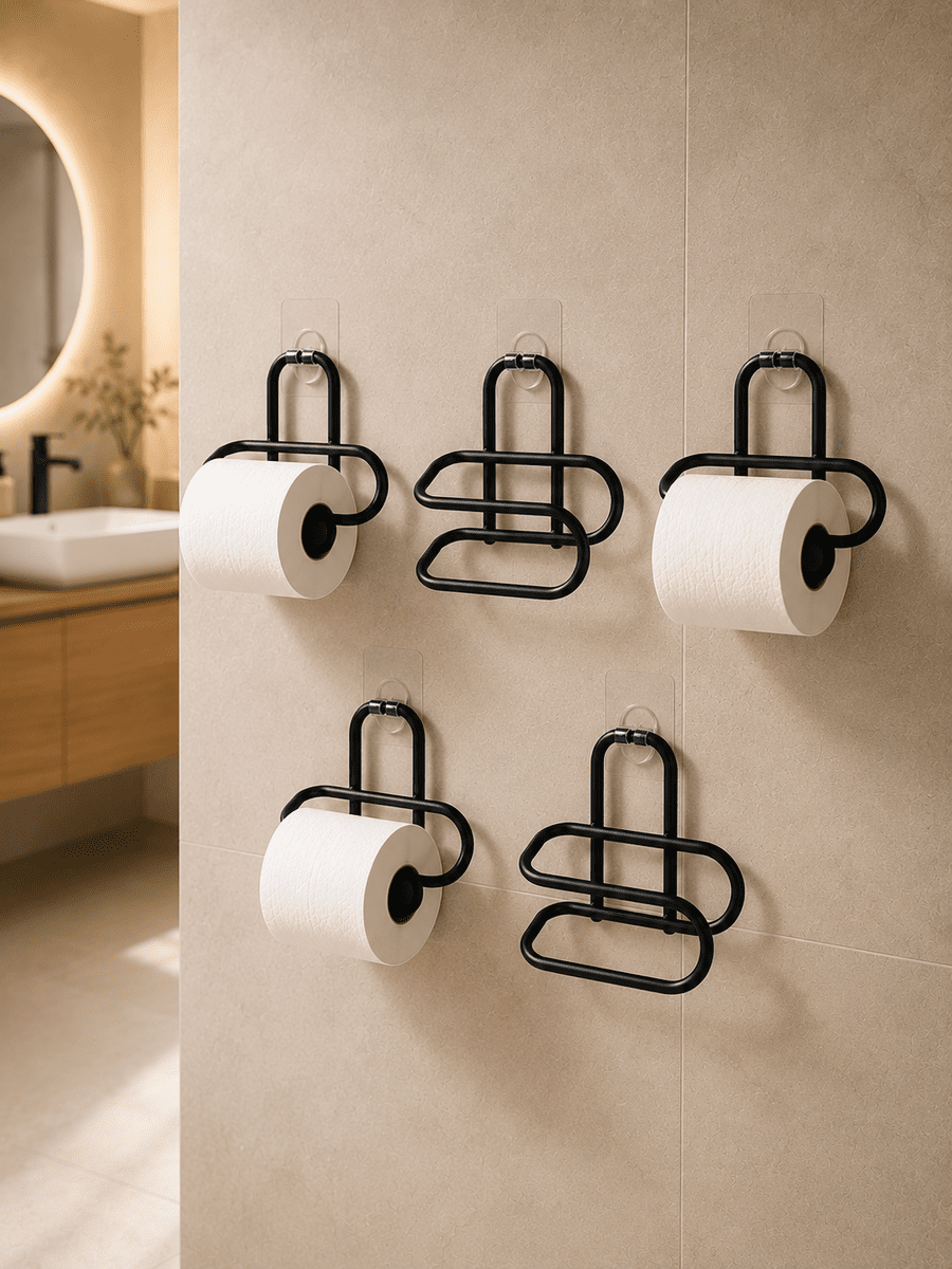 Siyah Metal WC Kağıtlık Yapışkanlı Tuvalet Kağıdı Rulo Tutucu 5 Adet Avantajlı Set