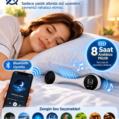 Yastık Altında Kullanılan Bluetooth Uyku Hoparlörü Sessiz Alarm Rahatlatıcı Sesler ve 8 Saat Kesintisiz Müzik