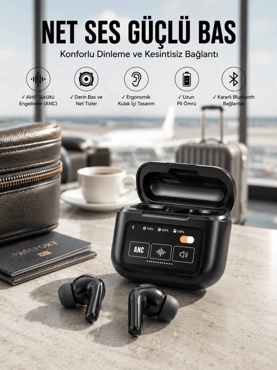 Yeni Nesil Bluetooth Kulaklık Ekranlı Yüksek Ses Kaliteli Uzun Şarj Süreli