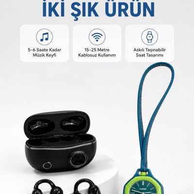 Yeşil Çanta Charm Saat ve Kablosuz Bluetooth Kulaklık İkili Kampanya Seti Günlük Kullanım