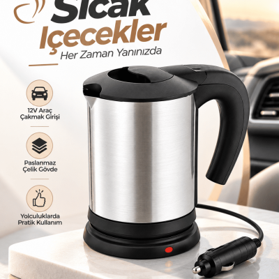 Yolculuk ve Seyahat İçin 12V Araç Uyumlu Paslanmaz Çelik Elektrikli Su Isıtıcı Kettle