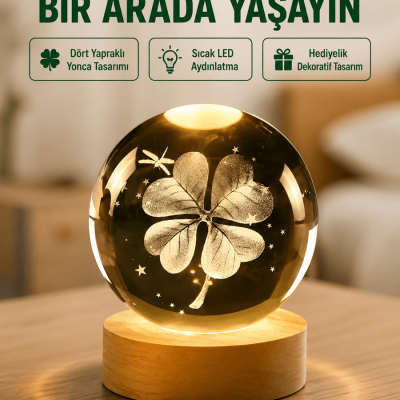 Yonca Figürlü Cam Küre USB Işıklı Ahşap Tabanlı Dekoratif Masa Lambası