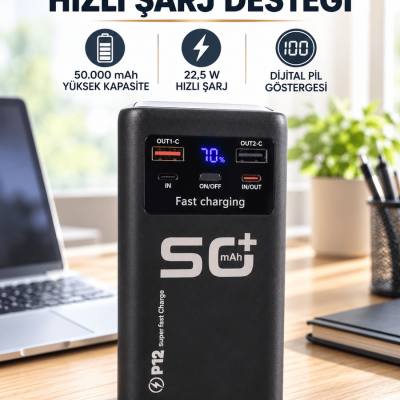 Yüksek Kapasiteli 50.000 mAh Powerbank 22,5 W Hızlı Şarj 4 Dahili Kablo LED Aydınlatma