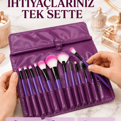 Yumuşak Fiber Kıllardan Oluşan 12'li Makyaj Fırçası Seti Göz Farı Allık ve Kontür İçin