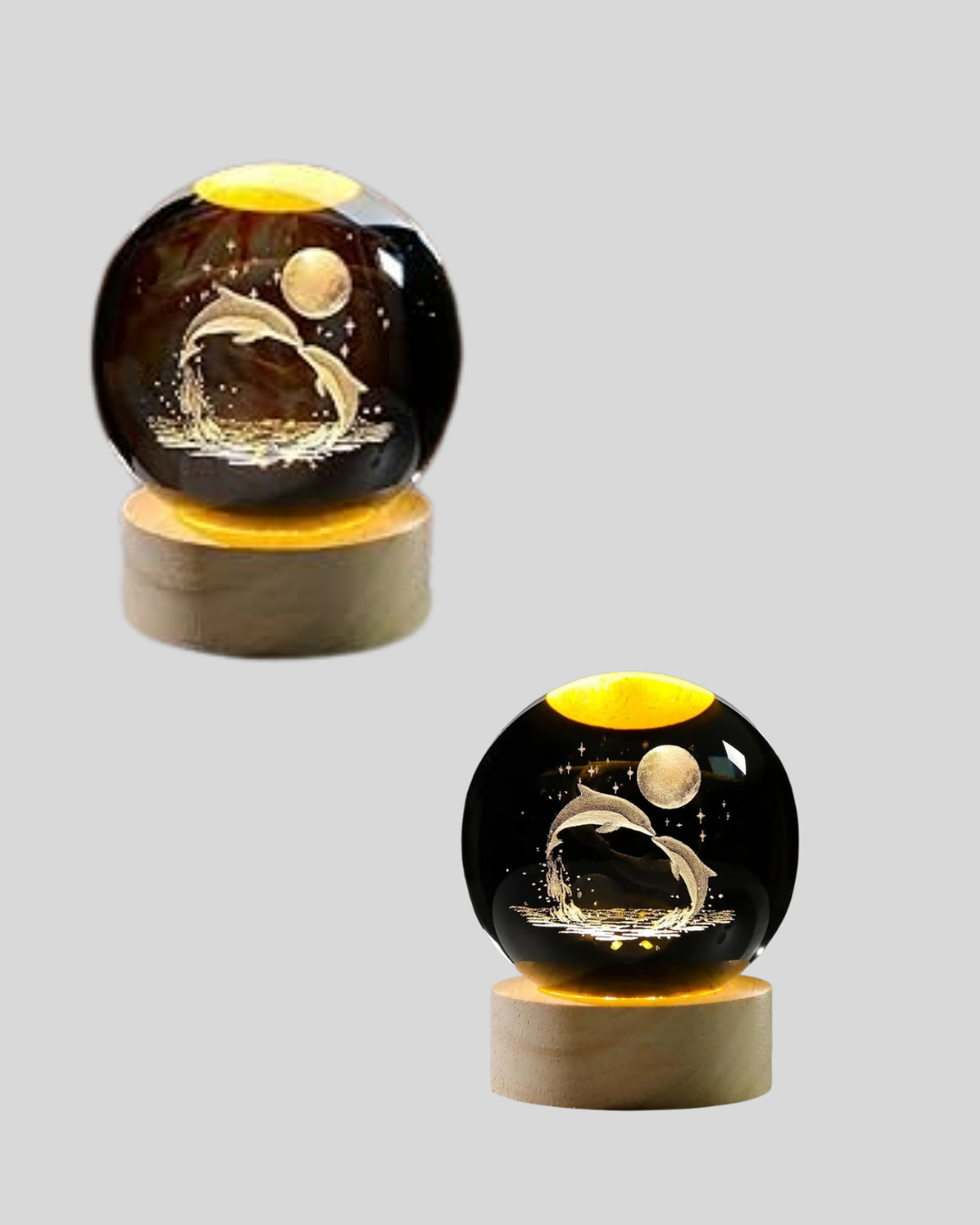 Yunus Temalı Kristal Küre USB Işıklı Ahşap Altlıklı Gece Lambası